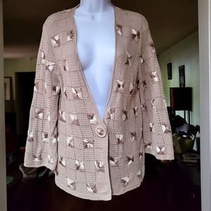 Sigrid Olsen Ribbon-Embroidered, Snap-Front Cardigan Sweater Size M